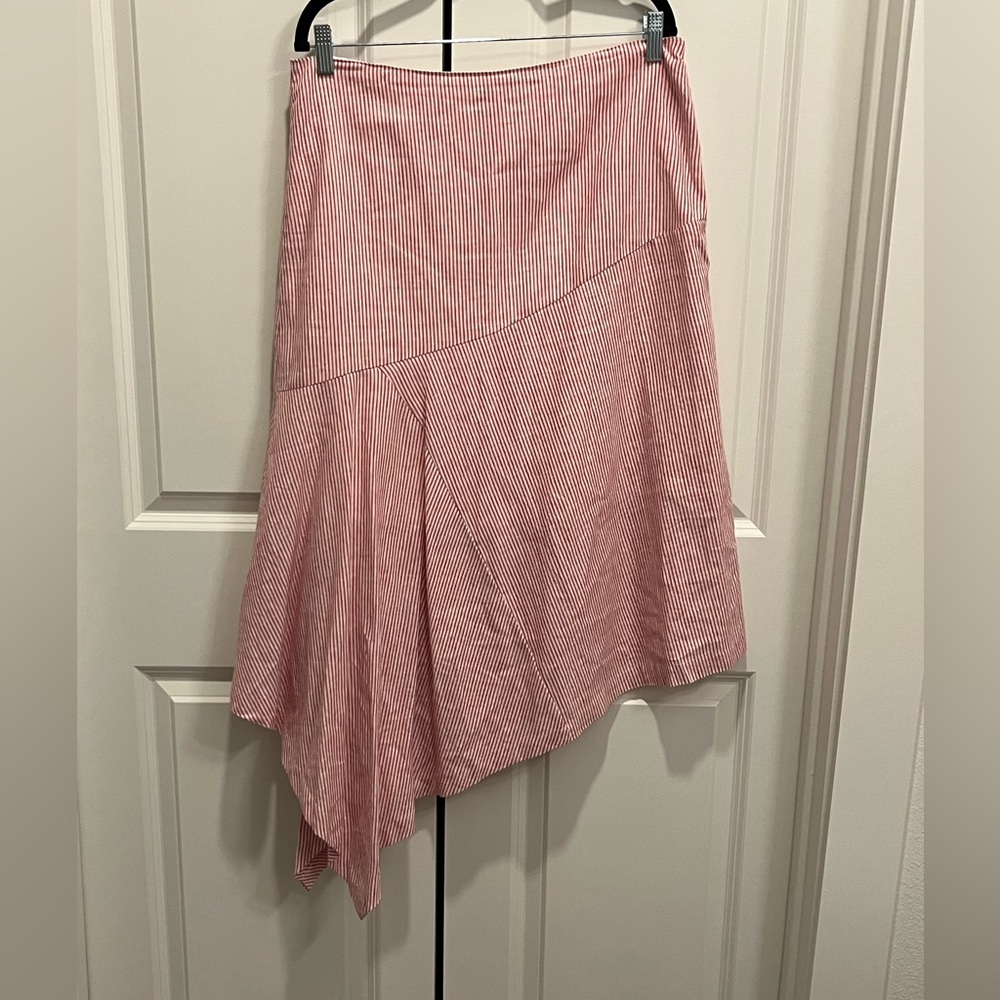 Red White Striped Linen Blend Skirt Size Large Asymmetric Western Cowgirl Boho